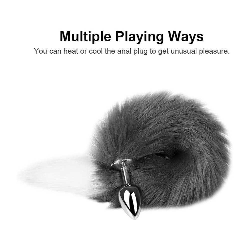 Grey white tipped faux fur Fox tail metal butt plug SMALL - Image 6