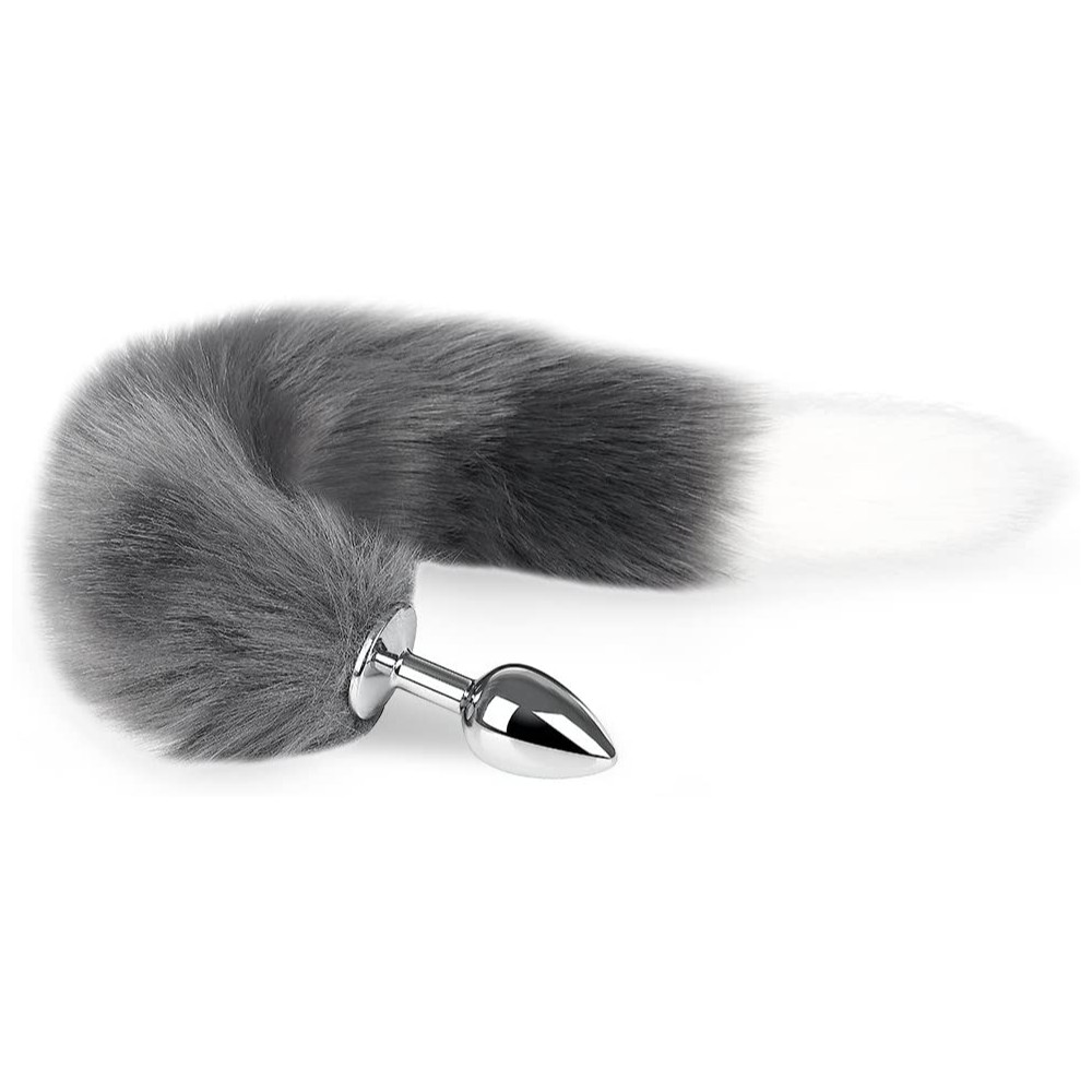 Grey white tipped faux fur Fox tail metal butt plug SMALL - Image 2