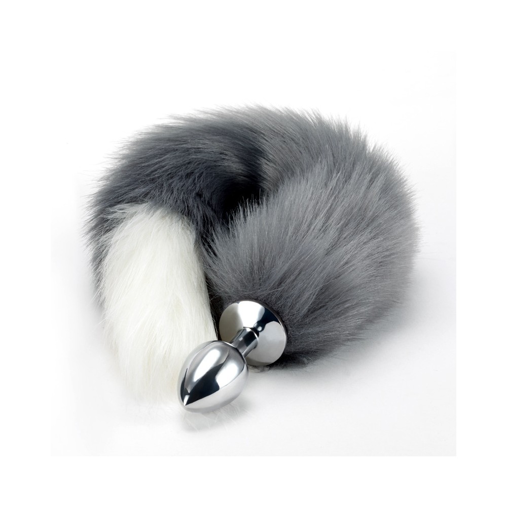 Grey white tipped faux fur Fox tail metal butt plug SMALL - Image 5