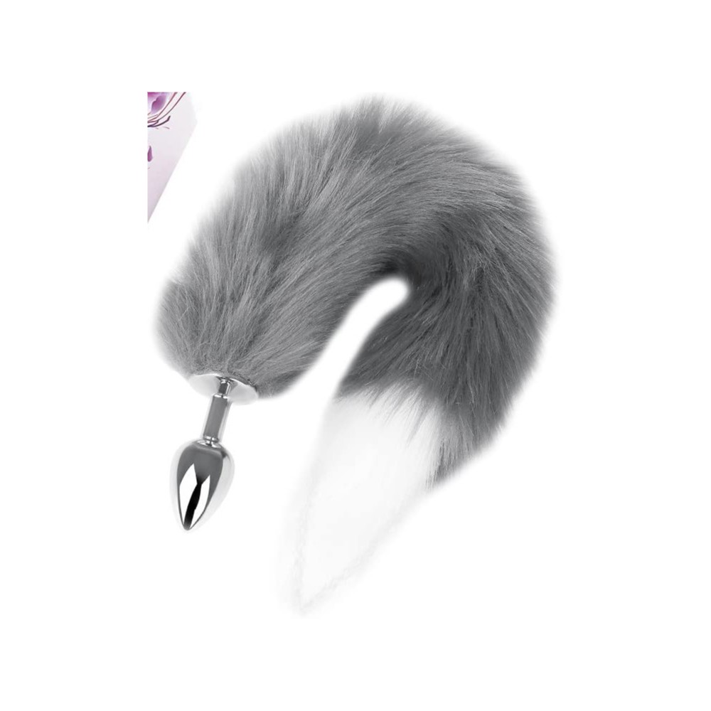 Grey white tipped faux fur Fox tail metal butt plug SMALL - Image 4
