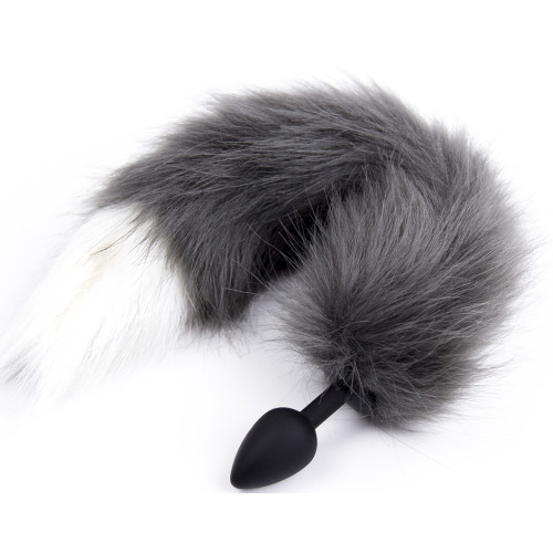 Grey white tipped faux fur tail Silicone butt plug SMALL - Image 2