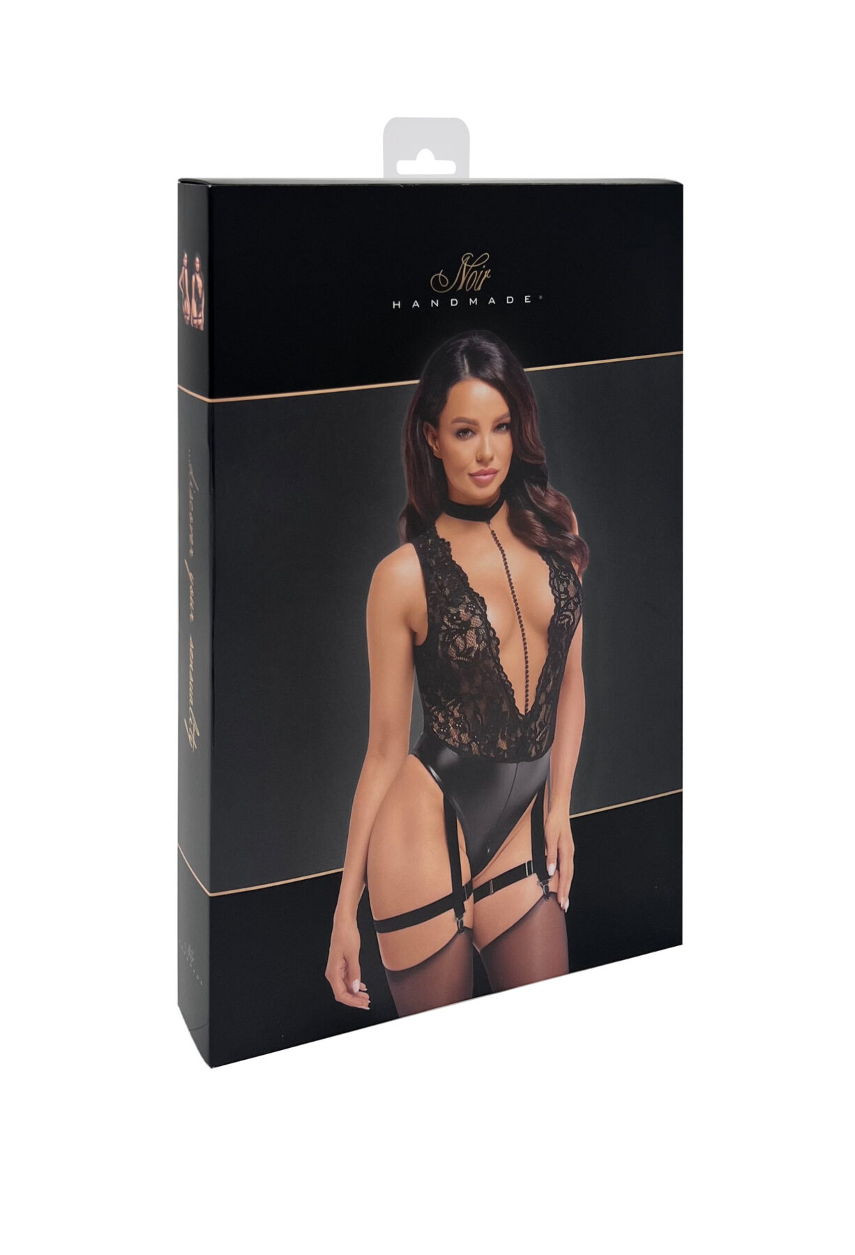 Noir handmade Deep-V bodysuit with collar, pearl chain and garter - Image 18