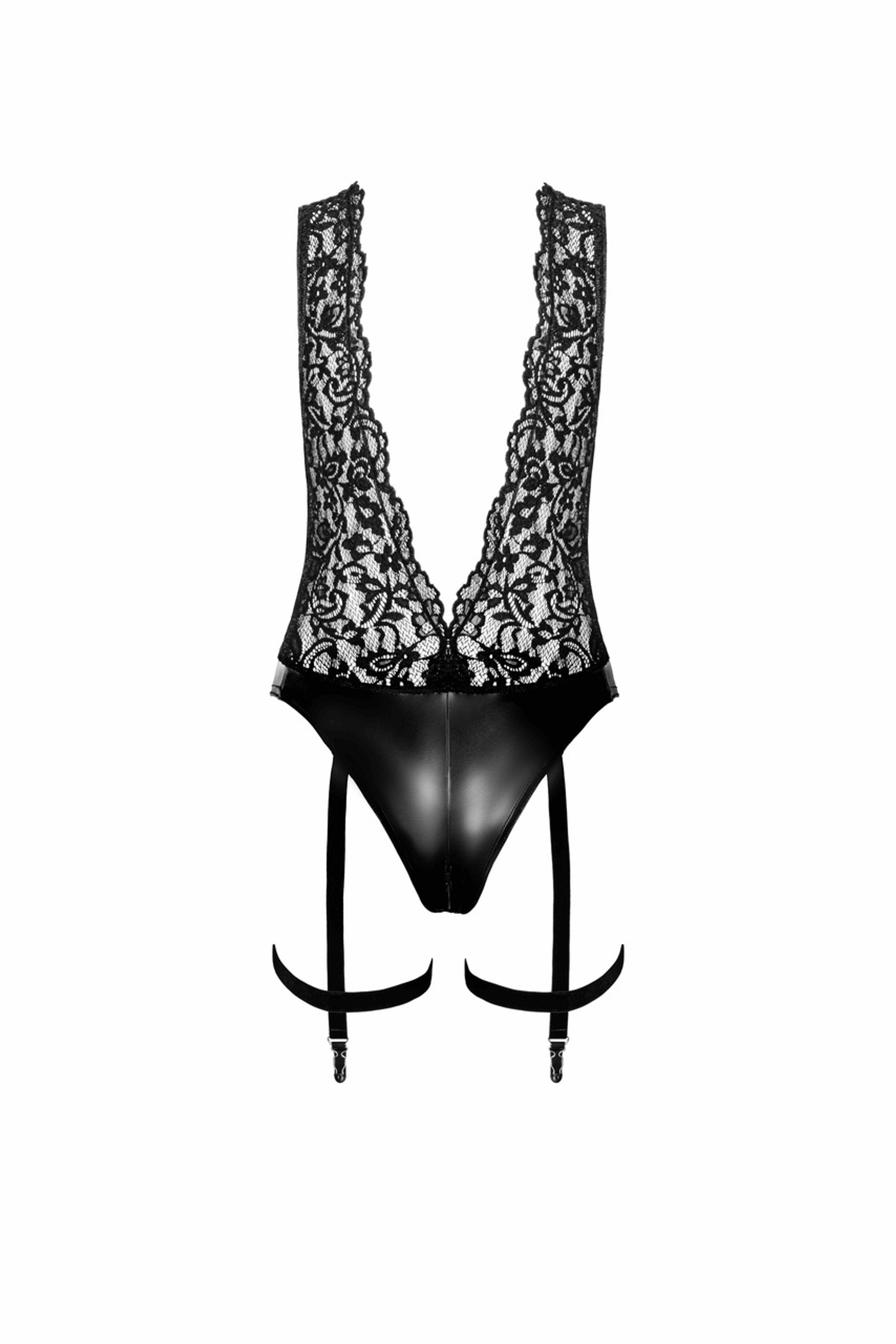 Noir handmade Deep-V bodysuit with collar, pearl chain and garter - Image 4
