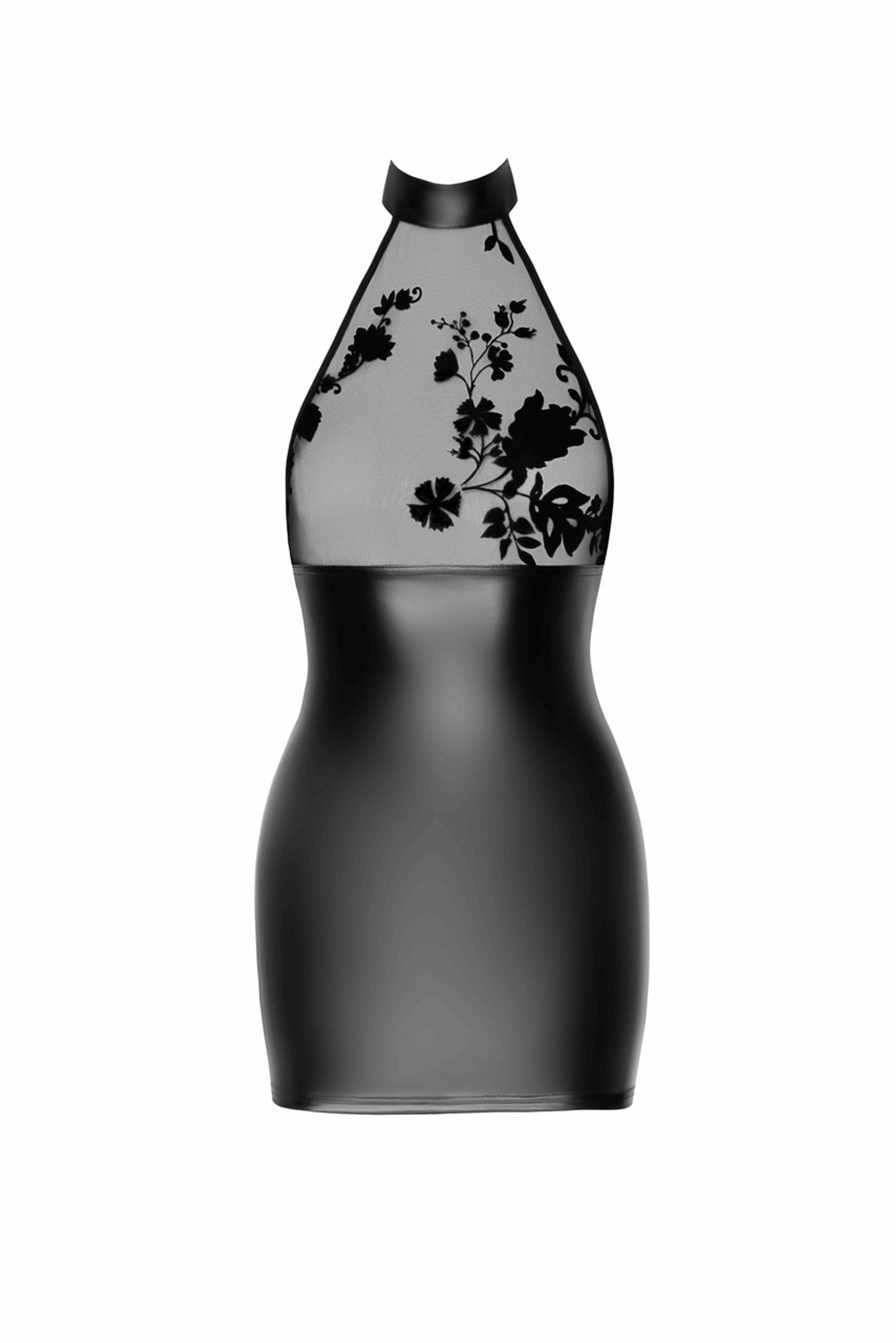 Noir handmade Mini halter dress of flocked mesh and wetlook - Image 4