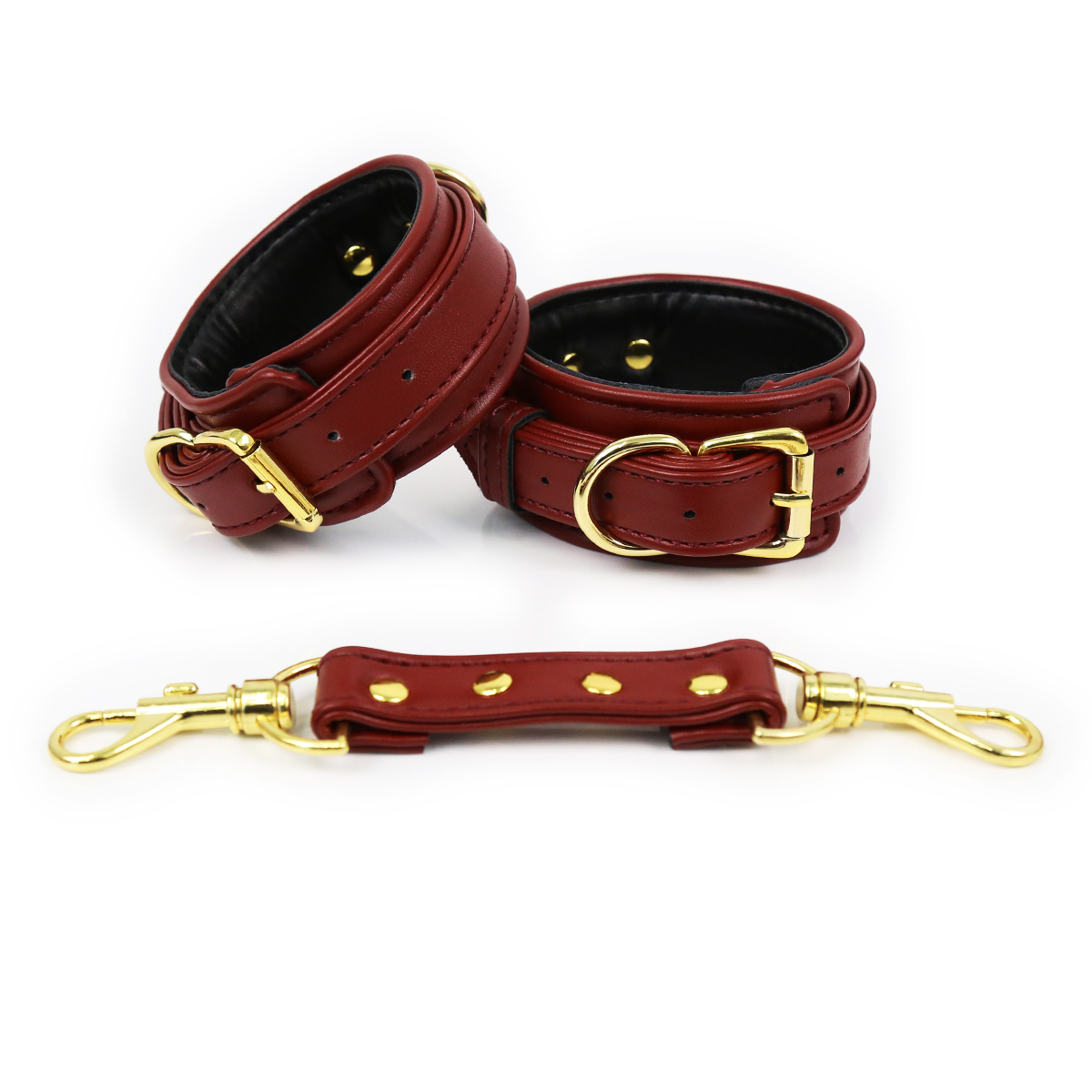 NAUGHTY TOYS luxury wine red and Gold snap-hook leather handcuffs - Image 2