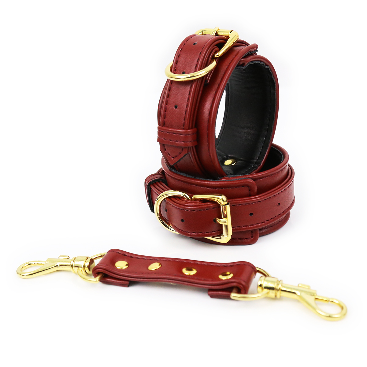 NAUGHTY TOYS luxury wine red and Gold snap-hook leather handcuffs - Image 3