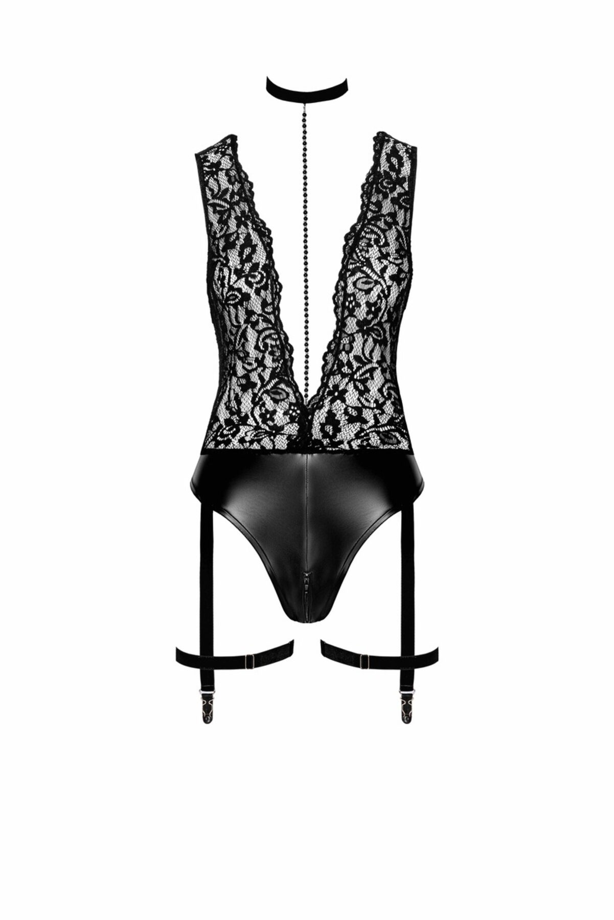 Noir handmade Deep-V bodysuit with collar, pearl chain and garter - Image 20
