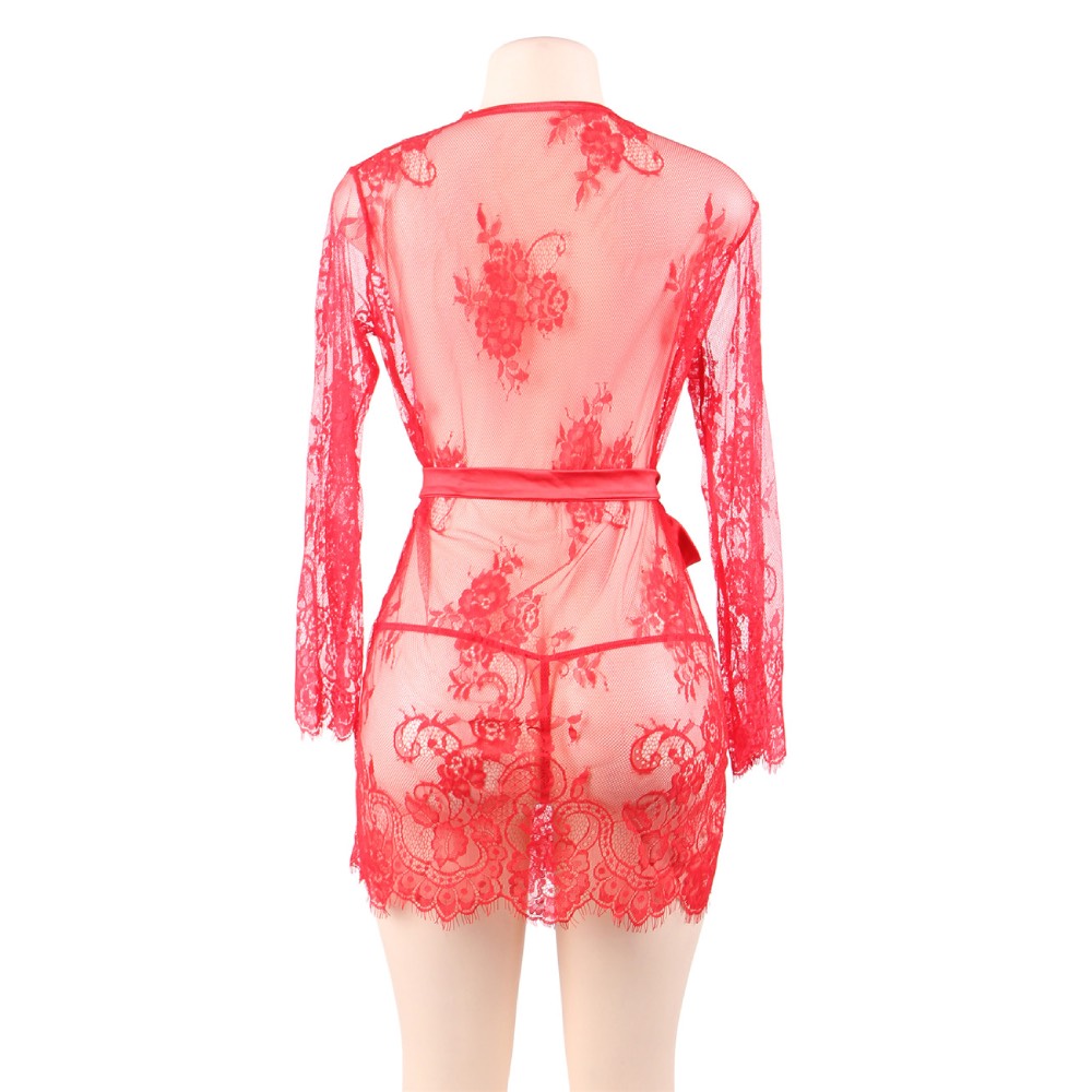 Floral Lace Kimono with String Red - Image 7