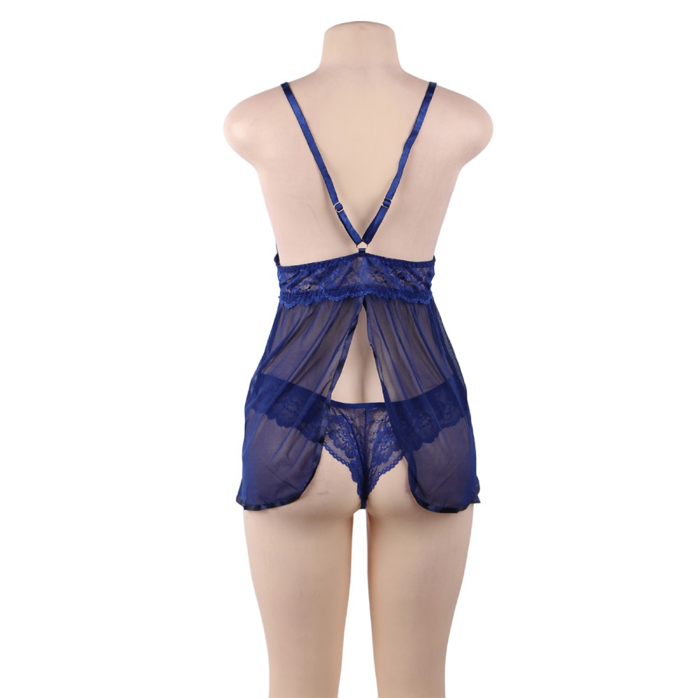 Plus Size Sophisticated Mesh Chemise with String Blue - Image 6
