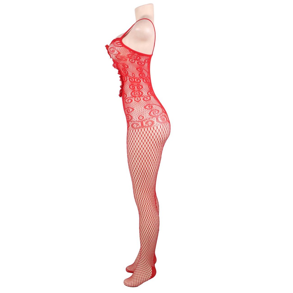 Red Crocheted Fishnet Strappy Bodystocking - Image 3