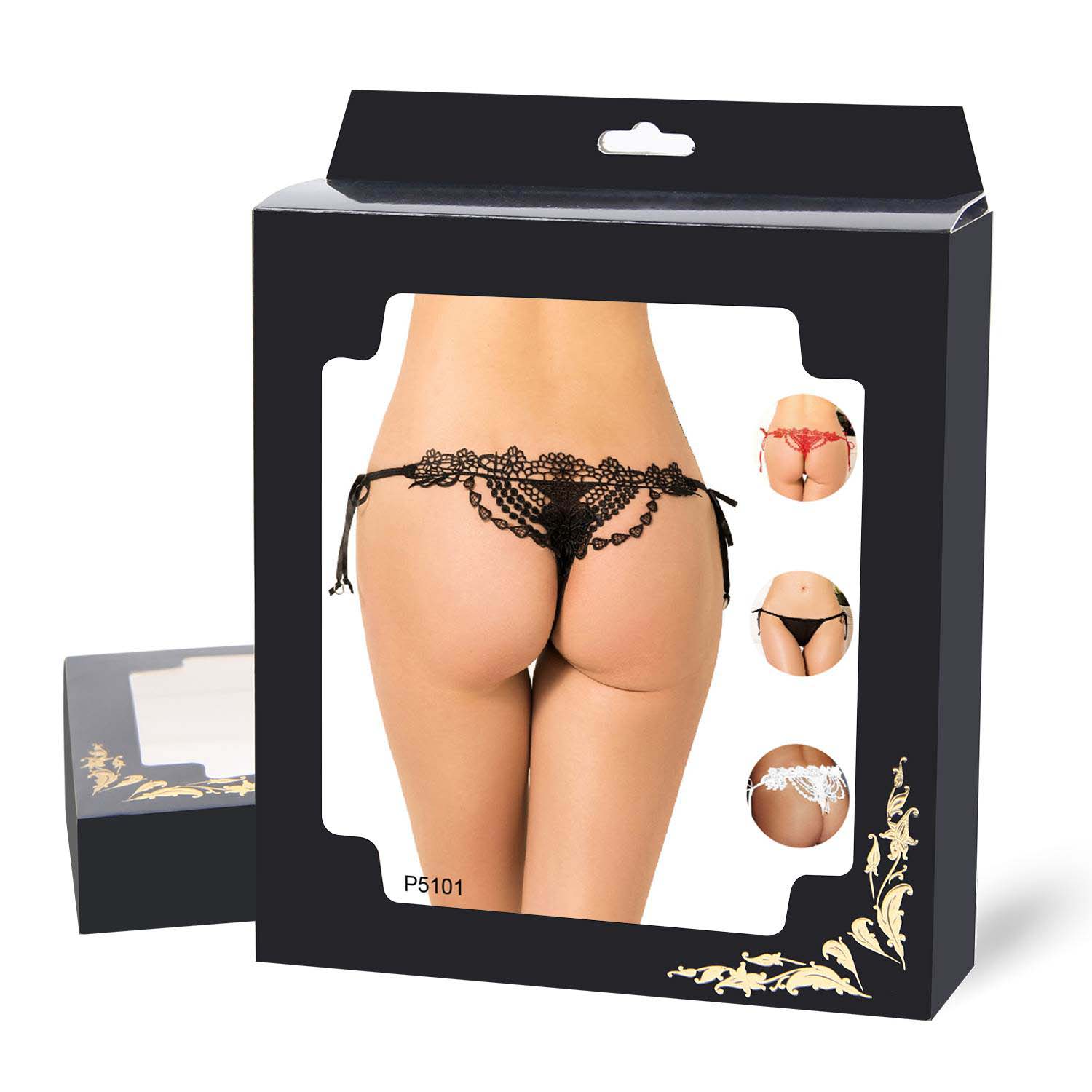 Black G-string with Embroidered Floral Back L/XL - Image 3