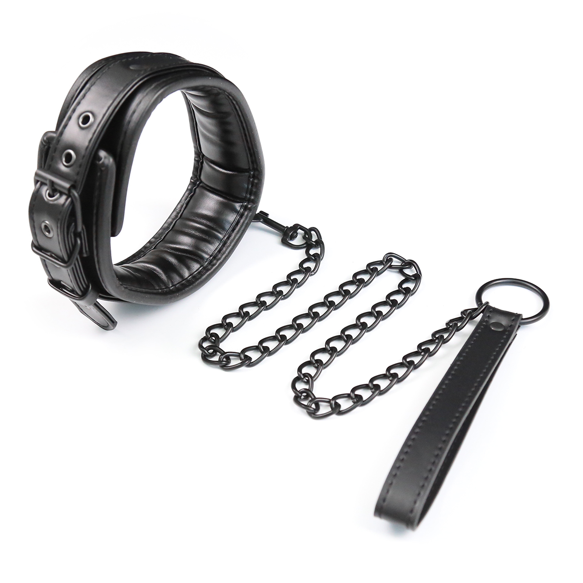 Bdsm Black foam padded Leather Neck Metal Chain Leash - Image 7