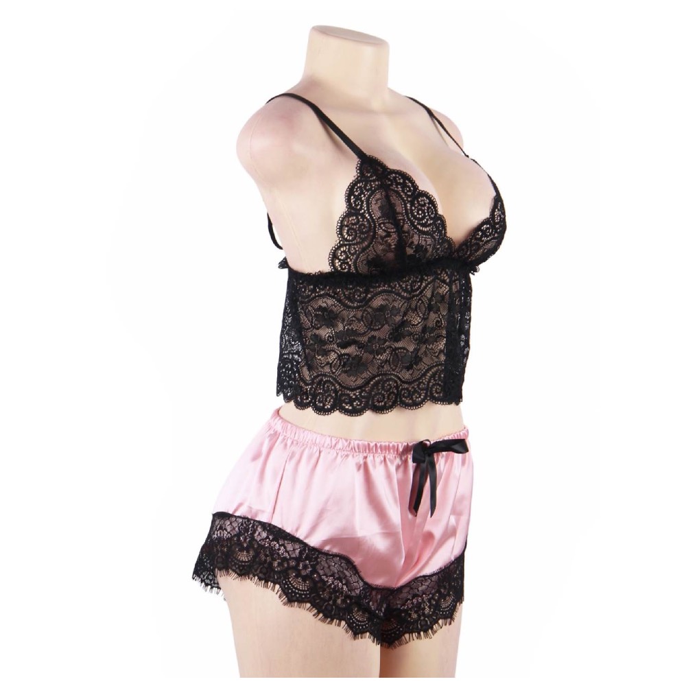 Satin Lace Cami and Short Candy Pink - Image 4