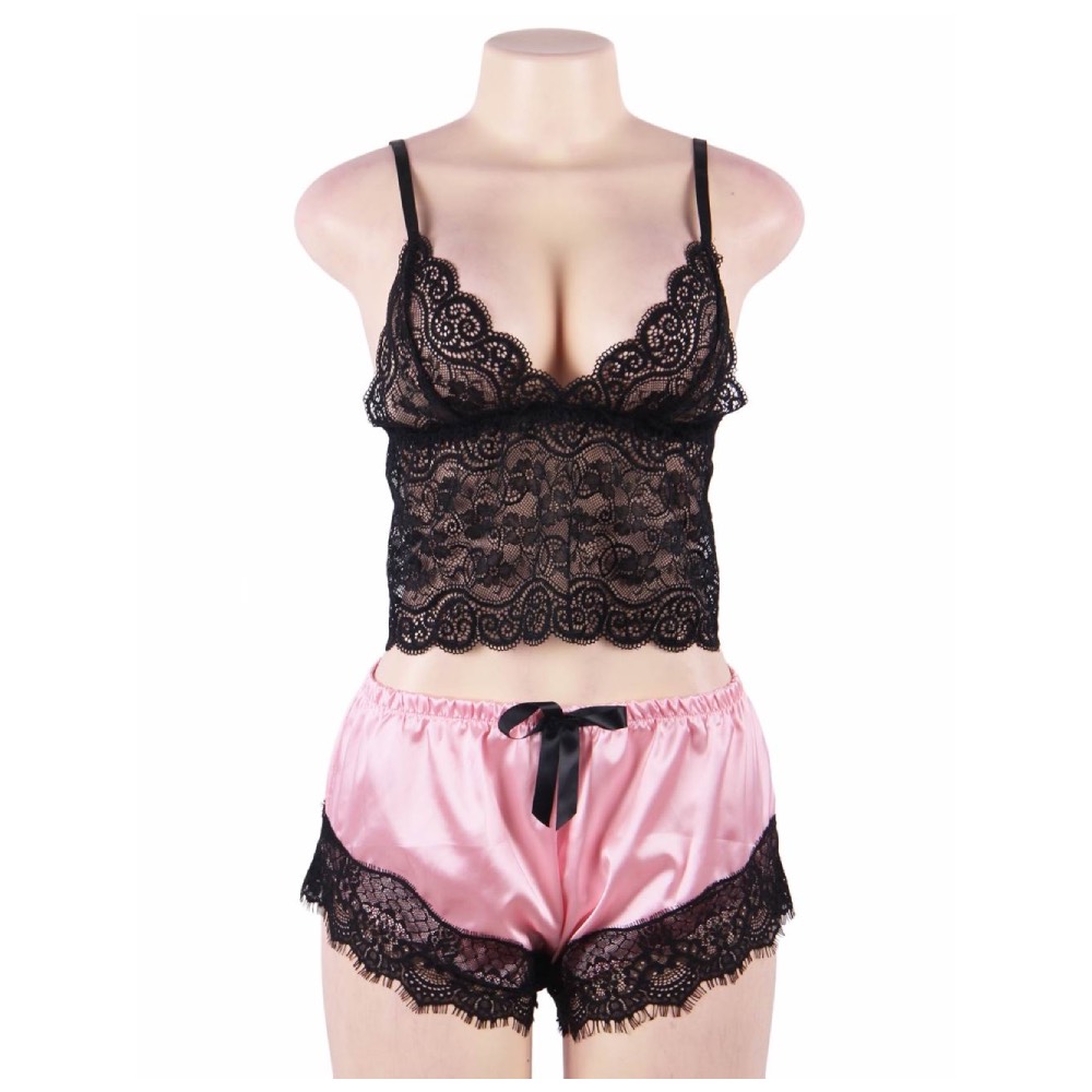 Satin Lace Cami and Short Candy Pink - Image 2