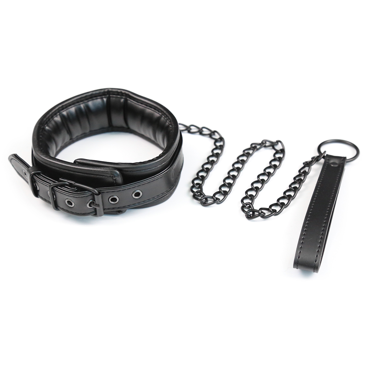 Bdsm Black foam padded Leather Neck Metal Chain Leash - Image 3