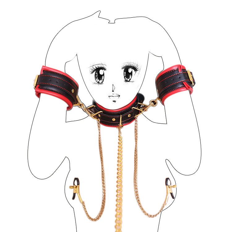 Collar Leash with Cuffs chained Nipple Clamps Red Black - Image 2