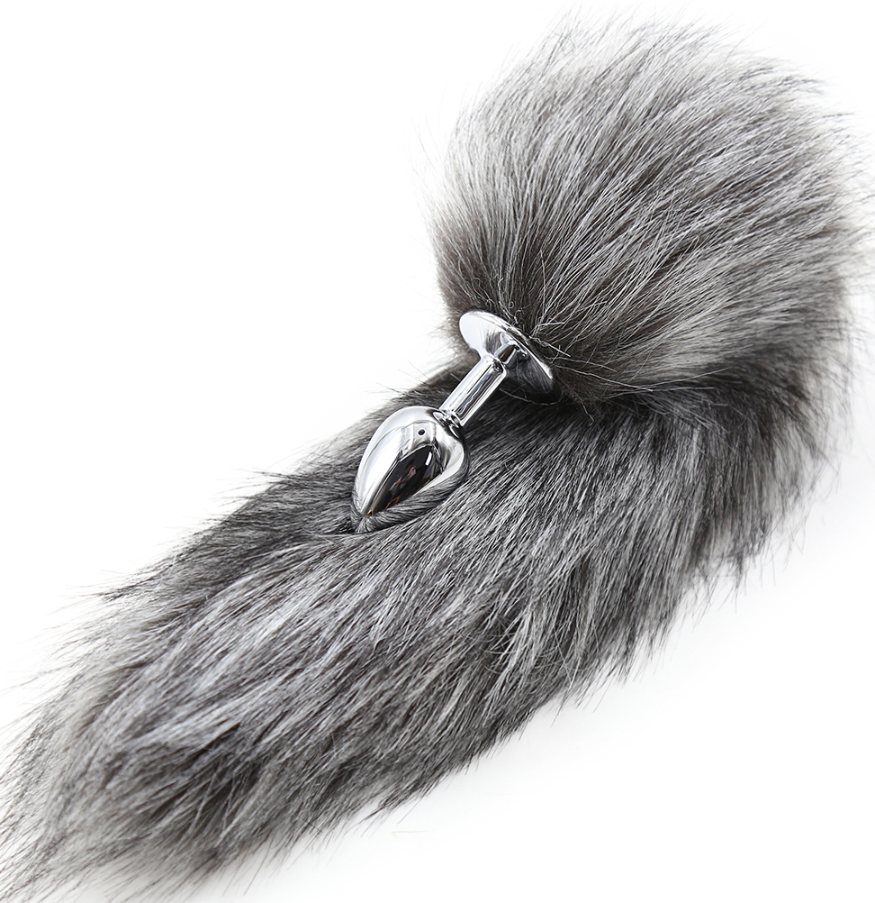 Grey faux fur Fox tail with metal butt plug LARGE - Image 4