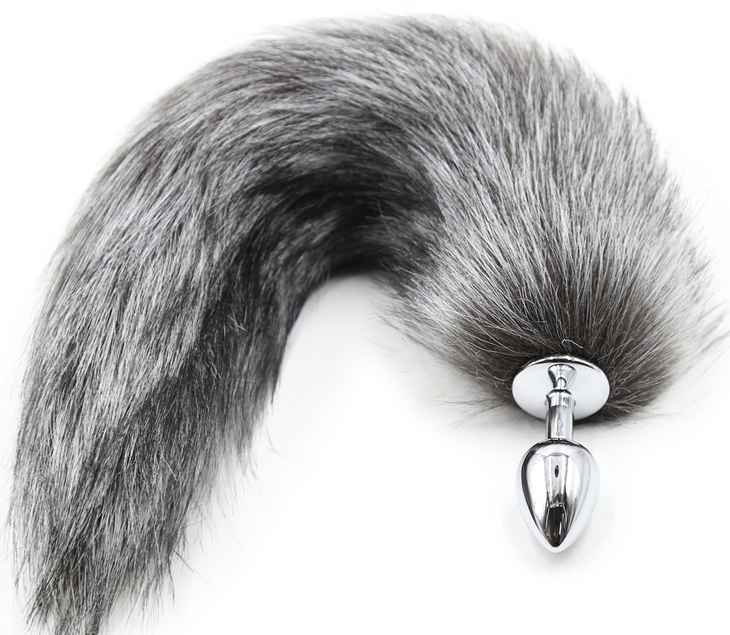 Grey faux fur Fox tail with metal butt plug LARGE - Image 2