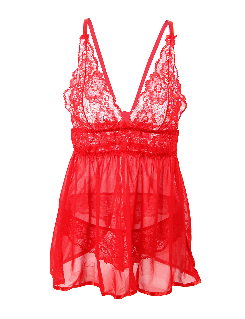 Plus Size Elegant Mesh Chemise with String Red - Image 4