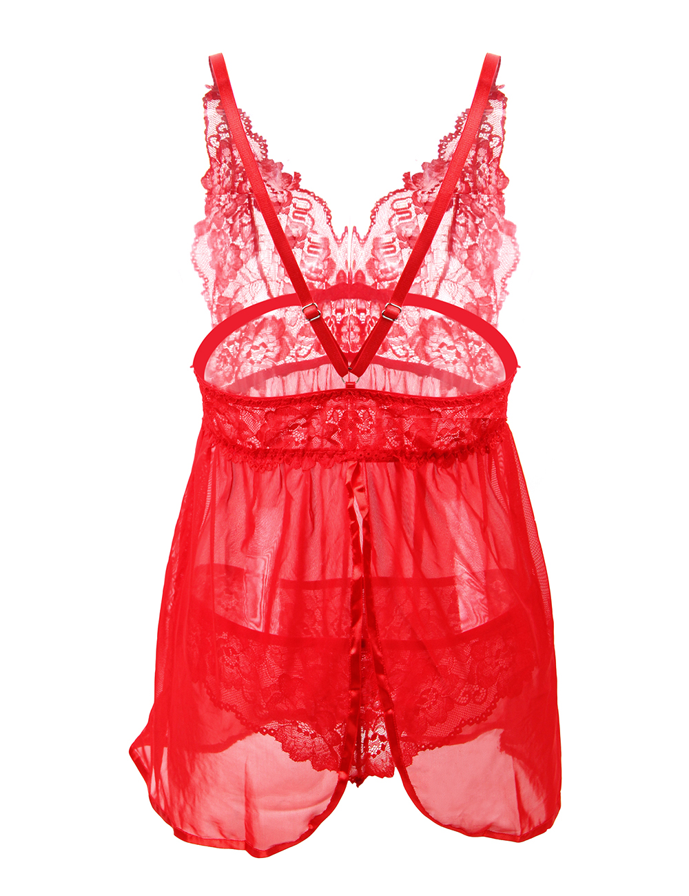 Plus Size Elegant Mesh Chemise with String Red - Image 3