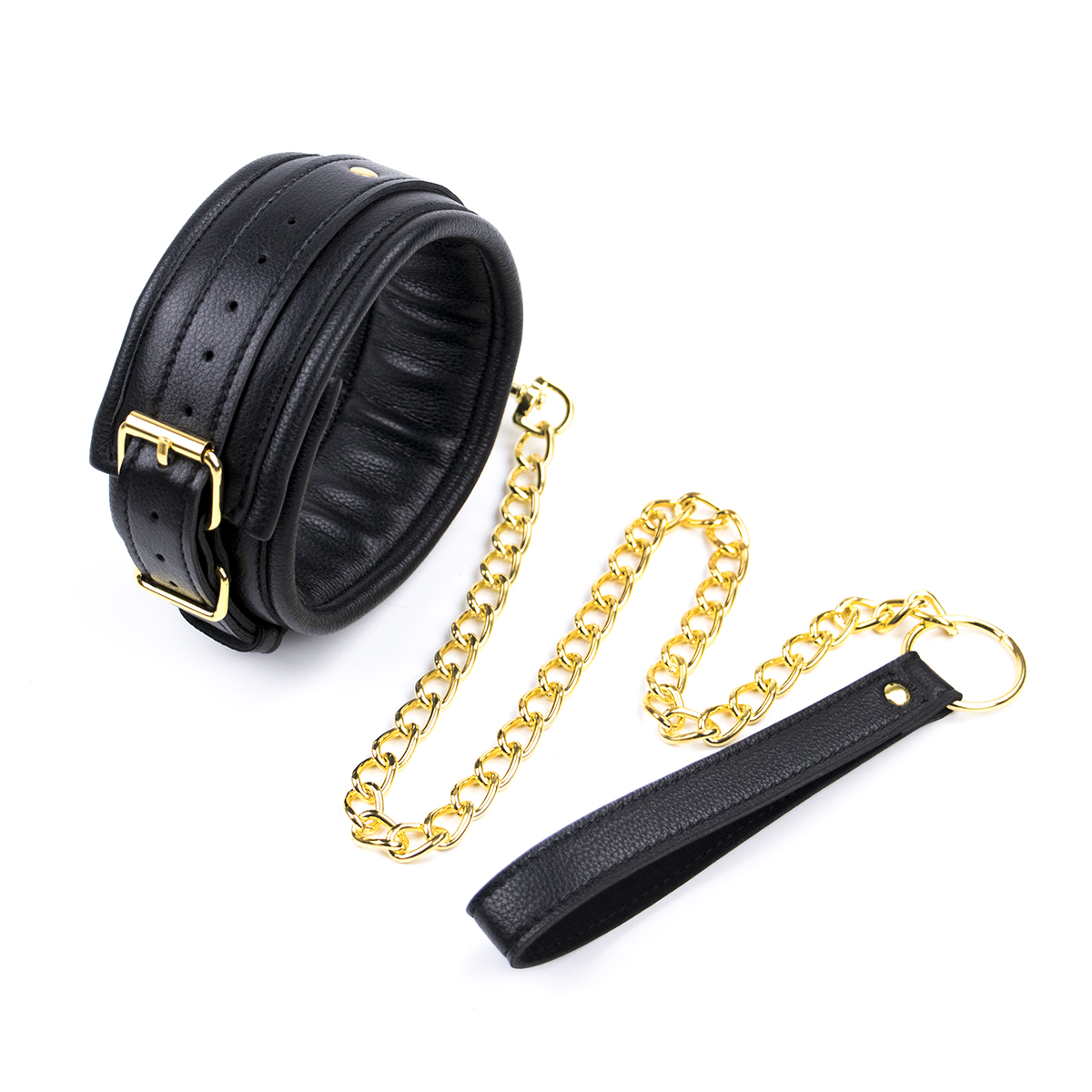 Naughty Toys Black Leather Collar with Gold chain Leash - Image 3