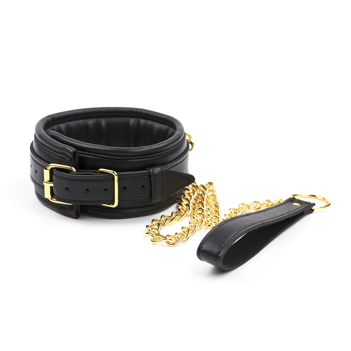 Naughty Toys Black Leather Collar with Gold chain Leash - Image 5