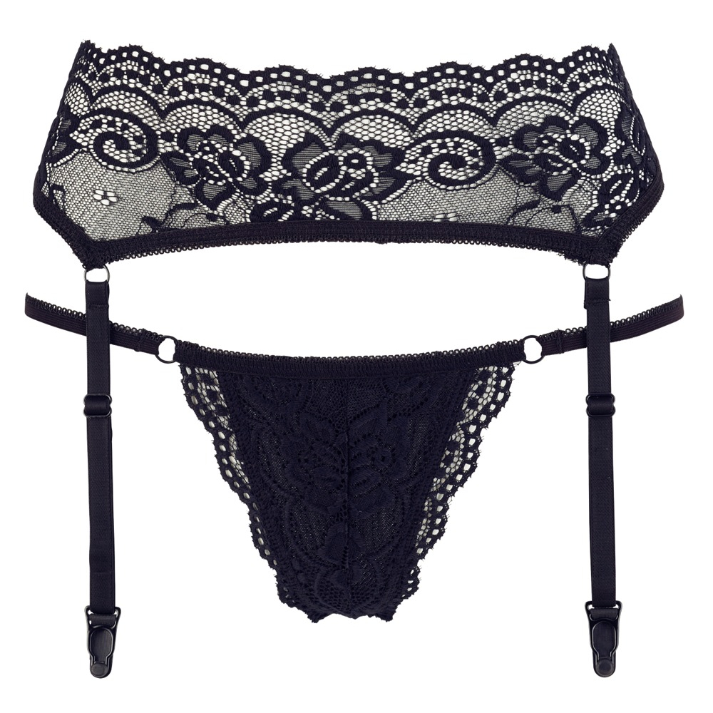 Black Floral Lace Suspender Belt with String - Image 2